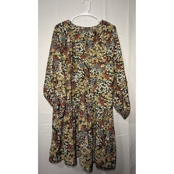 H M Floral Print Long Sleeve Smocked Neck Mini Dress Womens Size L - Picture 2 of 4